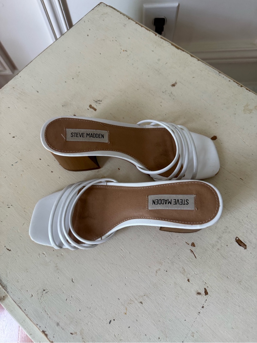 Steve Madden White Multi-Strap Square Toe Block Heel Mules